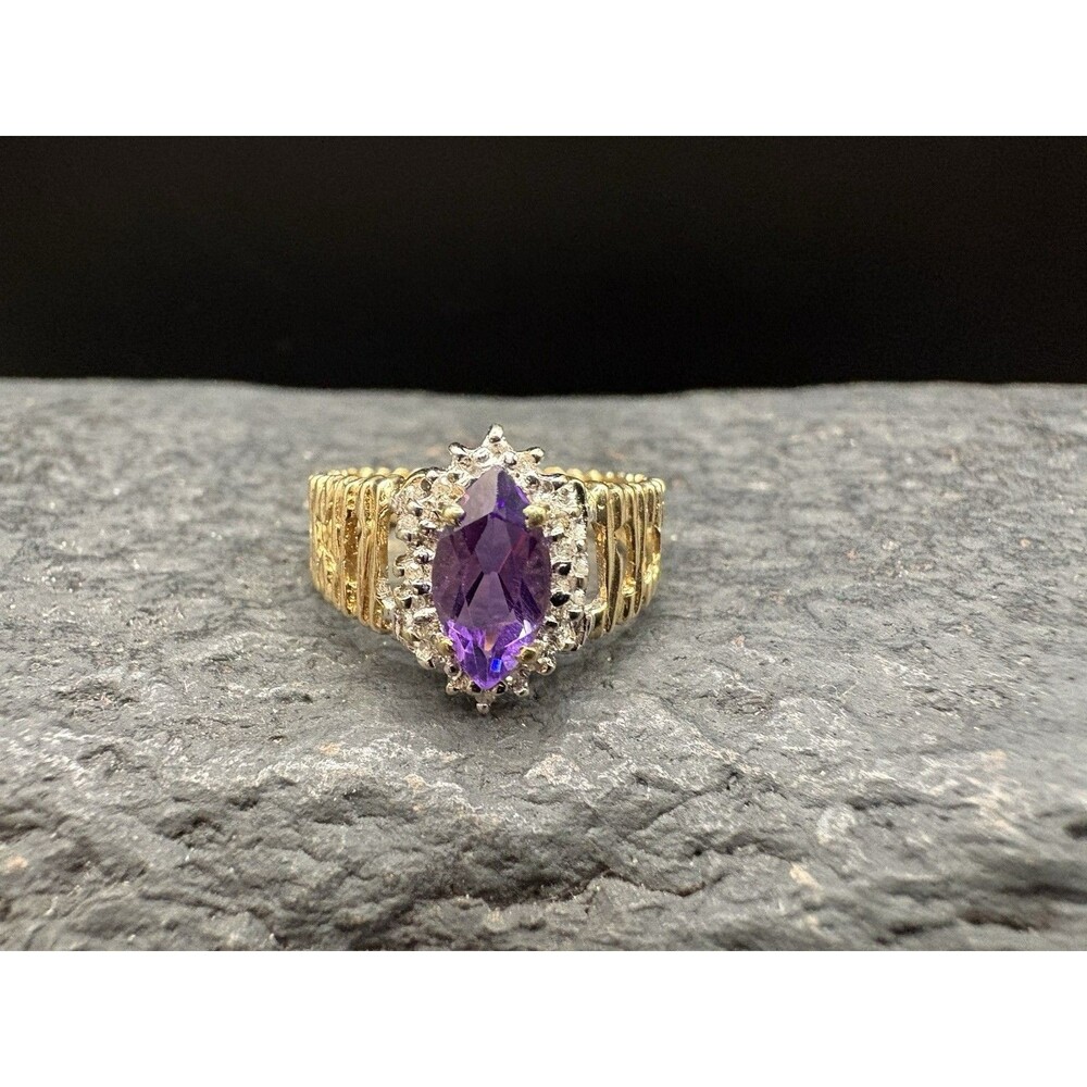 10K Yellow Gold Amethyst Diamond Marquise Halo Ring 2.67 Grams Size 6.5
